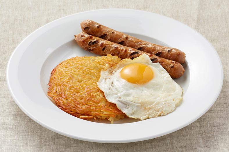 Hashbrown, egg, sausages