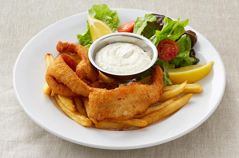 Fish, fries, salad