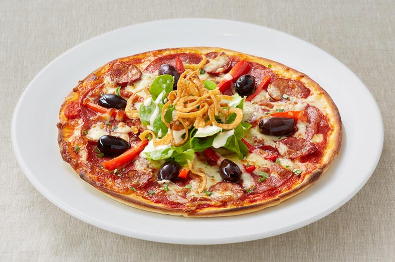 Pizza with olives and salami