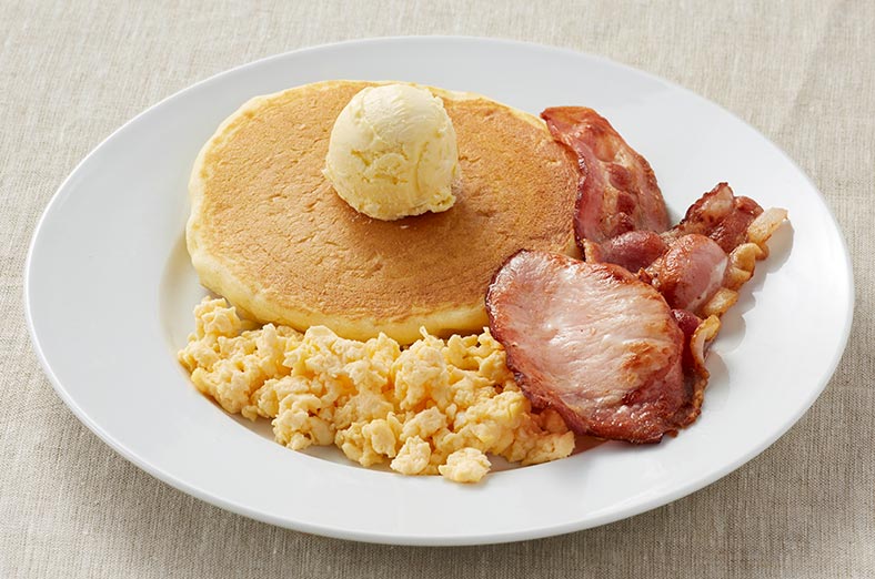 Pancake, bacon, scrambled egg