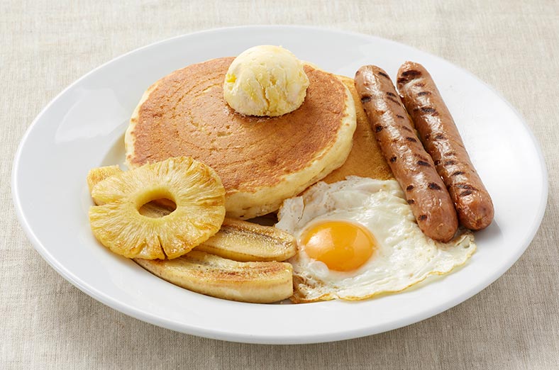 Pancakes, Sausages, egg, pineapple